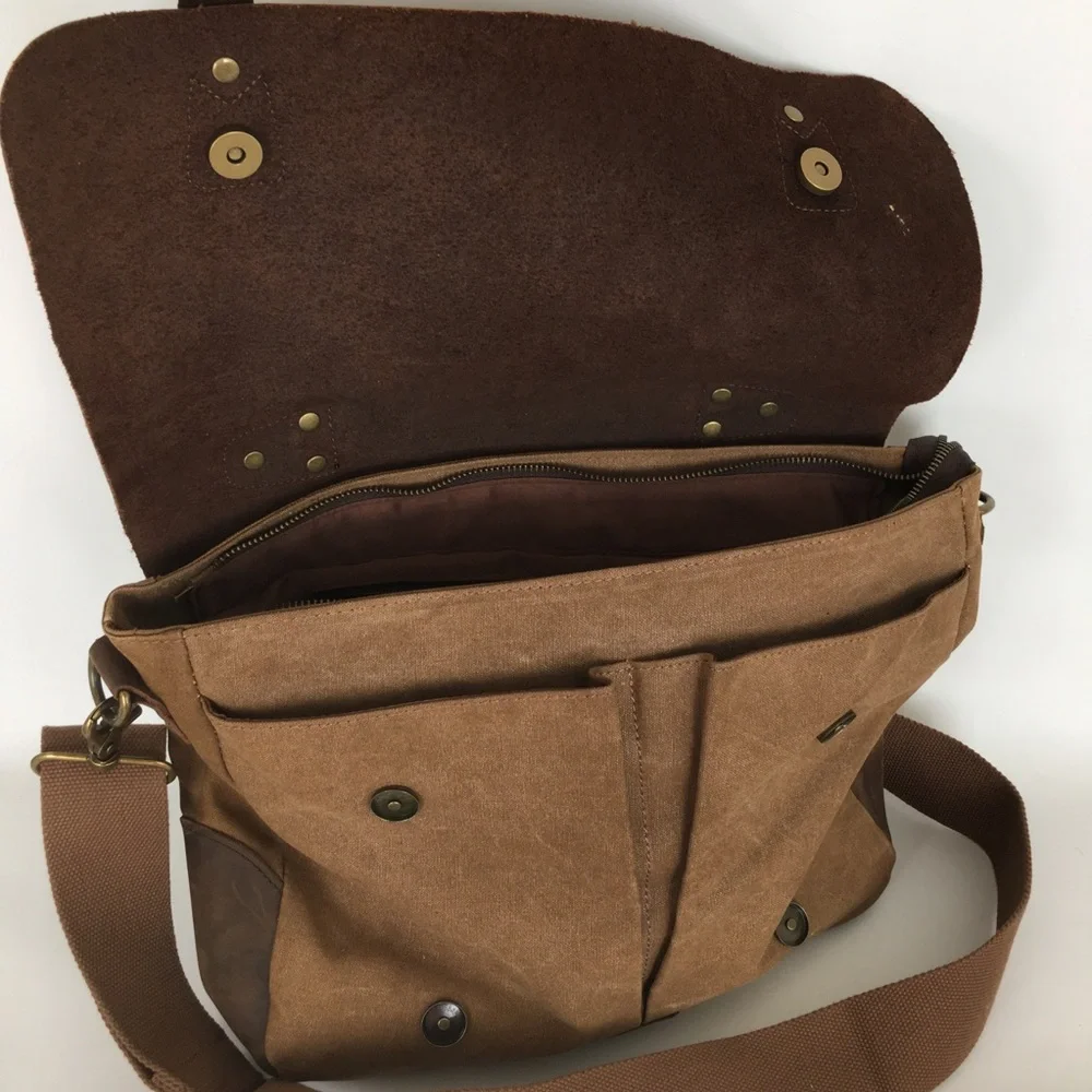 Genuine Leather Brown Canvas Vintage Style Laptop Messenger Bag Satchel
